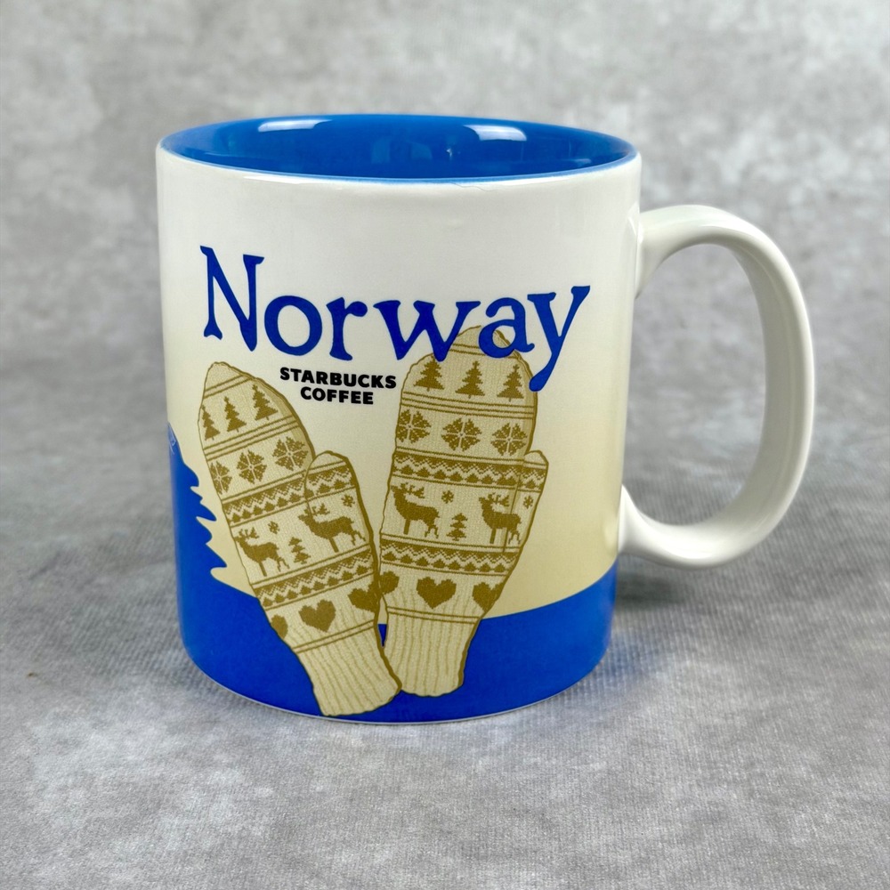 RARE Starbucks Norway Global Icon Series Mug 16oz Blue White Mittens Skiing 2017
